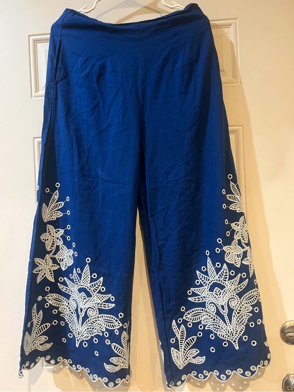 Farm Rio x Anthropologie Cobalt Blue Wide-Leg Pants with White Embroidery Size S